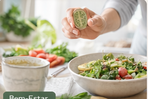 Bowl de salada com elementos de bem-estar em ambiente claro
