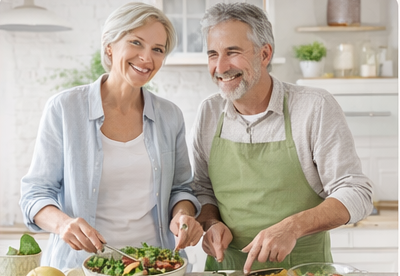 Casal preparando refeição saudável na cozinha